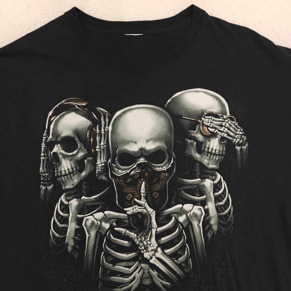 Y2k See No Evil Hear No Evil Speak No Evil Skull T Shirt Mens Size 2XL Black